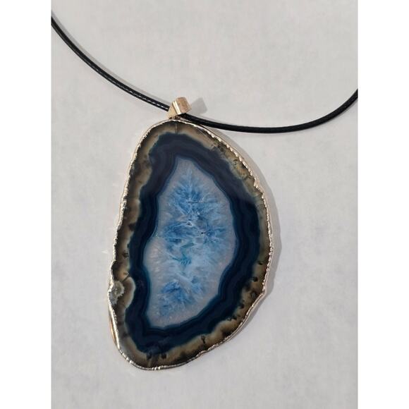 Blue Agate Slice Pendant Necklace | Natural Stone | Adjustable Cord - Picture 5 of 16